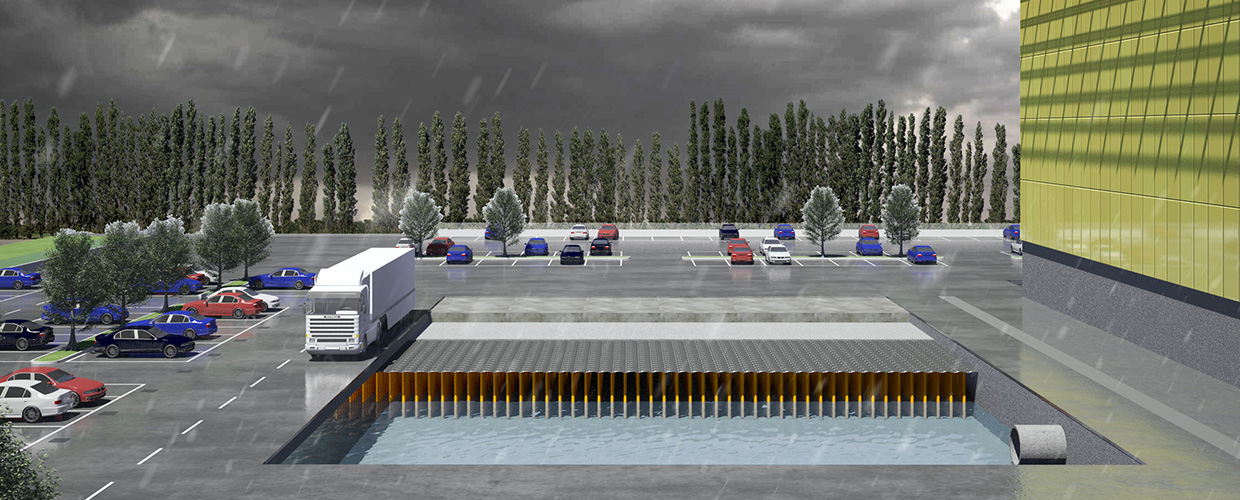Rendering 3D del bacino di gestione delle acque piovane di Geoplast Nuovo Elevetor Tank